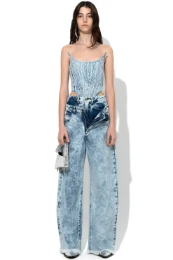 ACID WASH DENIM DOUBLE WAIST BOYFRIEND TROUSERS