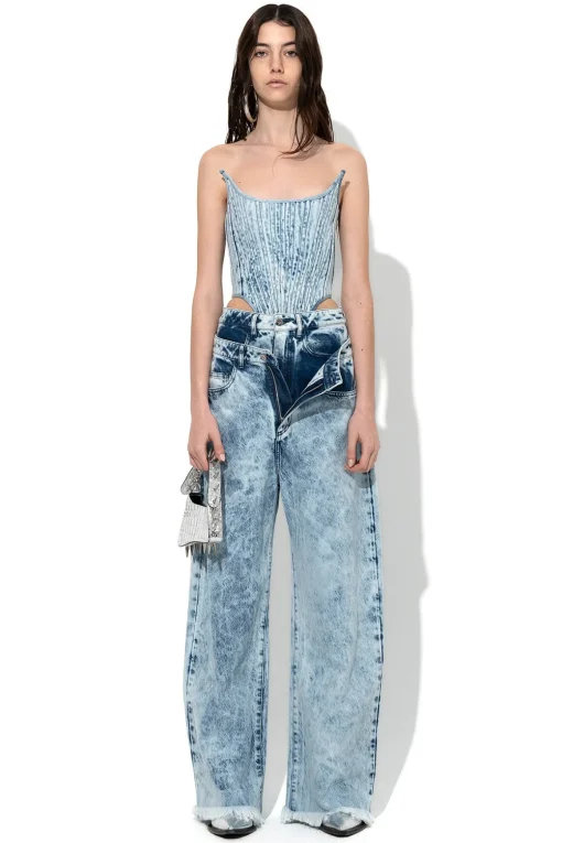ACID WASH DENIM DOUBLE WAIST BOYFRIEND TROUSERS
