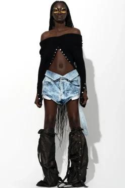 ACID WASH DENIM FOLDING WAISTBAND SHORTS