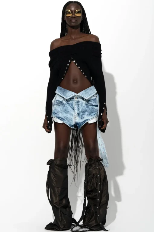 ACID WASH DENIM FOLDING WAISTBAND SHORTS