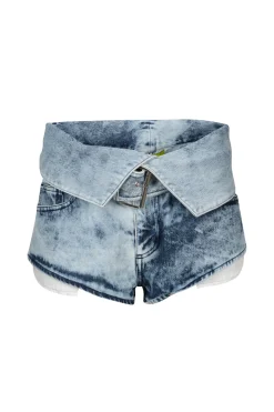 ACID WASH DENIM FOLDING WAISTBAND SHORTS