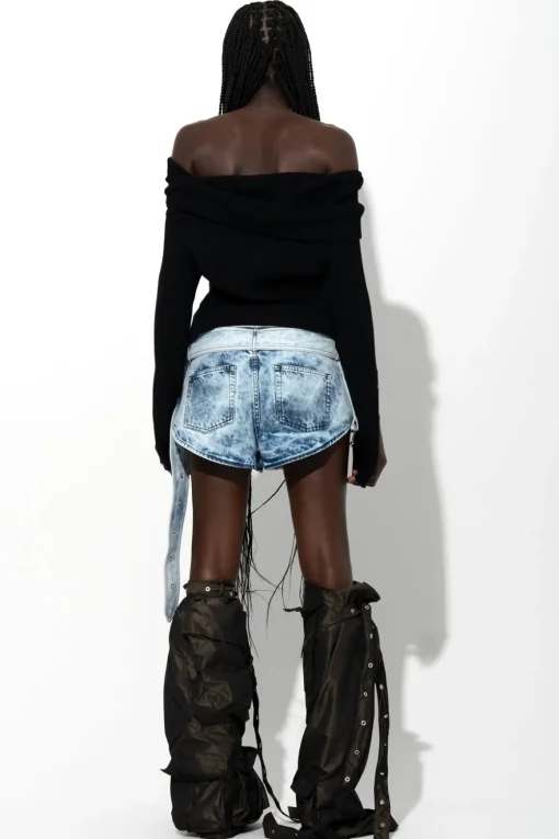 ACID WASH DENIM FOLDING WAISTBAND SHORTS