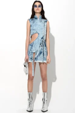 ACID WASH DENIM MANDARIN CUT OUT DRESS