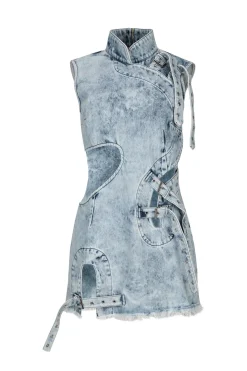 ACID WASH DENIM MANDARIN CUT OUT DRESS