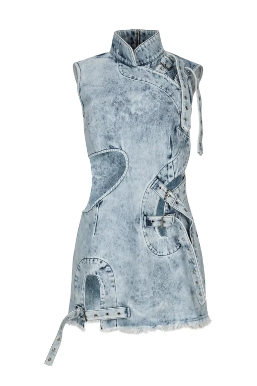 ACID WASH DENIM MANDARIN CUT OUT DRESS