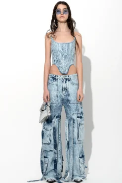 ACID WASH DENIM MULTI POCKET CARGO TROUSERS