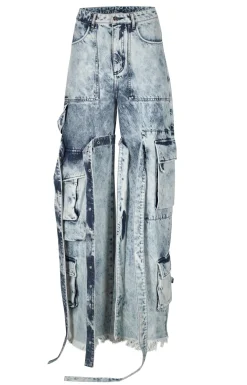 ACID WASH DENIM MULTI POCKET CARGO TROUSERS