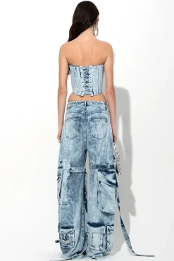 ACID WASH DENIM MULTI POCKET CARGO TROUSERS