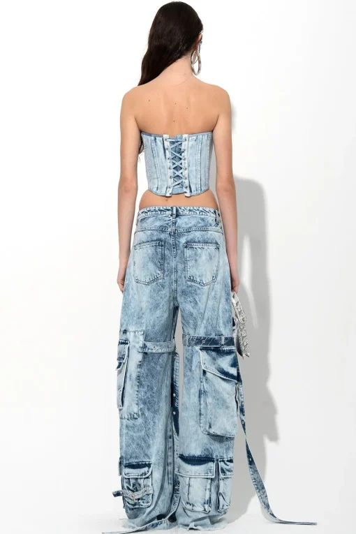 ACID WASH DENIM MULTI POCKET CARGO TROUSERS