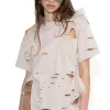 BEIGE DISTRESSED T-SHIRT WITH FEATHERS