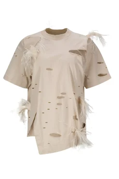 BEIGE DISTRESSED T-SHIRT WITH FEATHERS