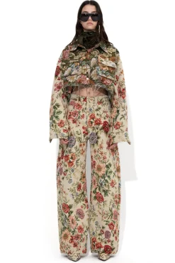 BEIGE FLORAL BROCADE BOYFRIEND TROUSERS