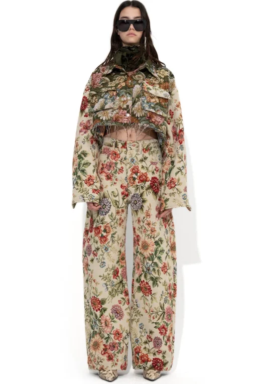 BEIGE FLORAL BROCADE BOYFRIEND TROUSERS