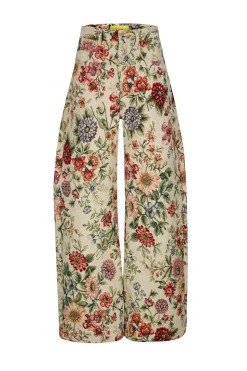 BEIGE FLORAL BROCADE BOYFRIEND TROUSERS