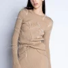BEIGE MERINO FEATHER CREW NECK TOP