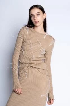 BEIGE MERINO FEATHER CREW NECK TOP