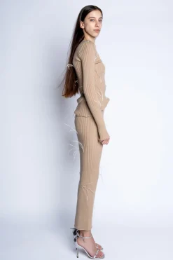 BEIGE MERINO WOOL FEATHER LONG SKIRT