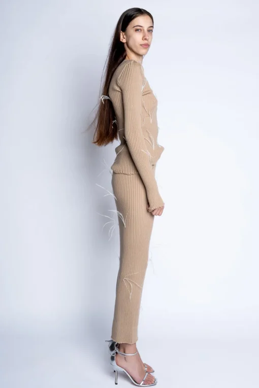 BEIGE MERINO WOOL FEATHER LONG SKIRT