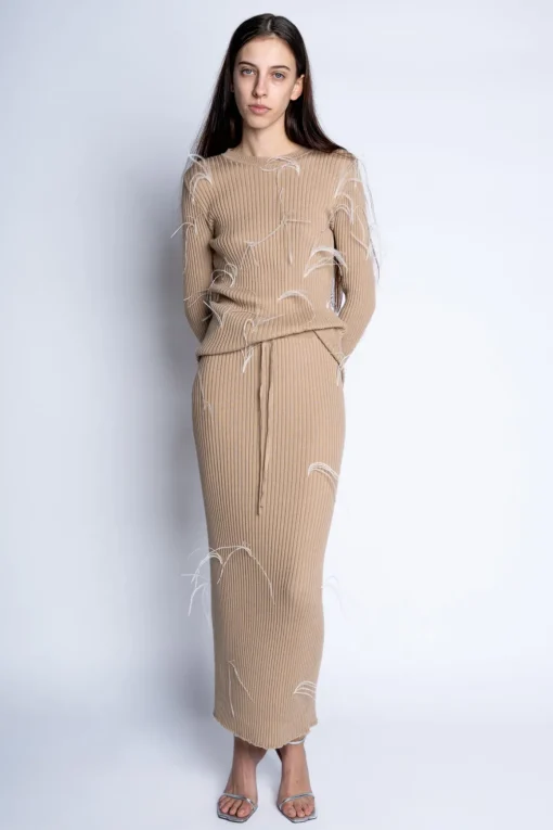 BEIGE MERINO WOOL FEATHER LONG SKIRT