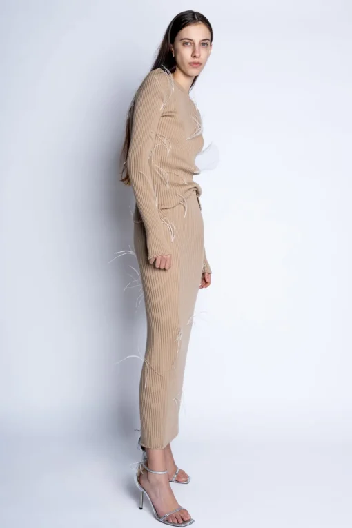 BEIGE MERINO WOOL FEATHER LONG SKIRT