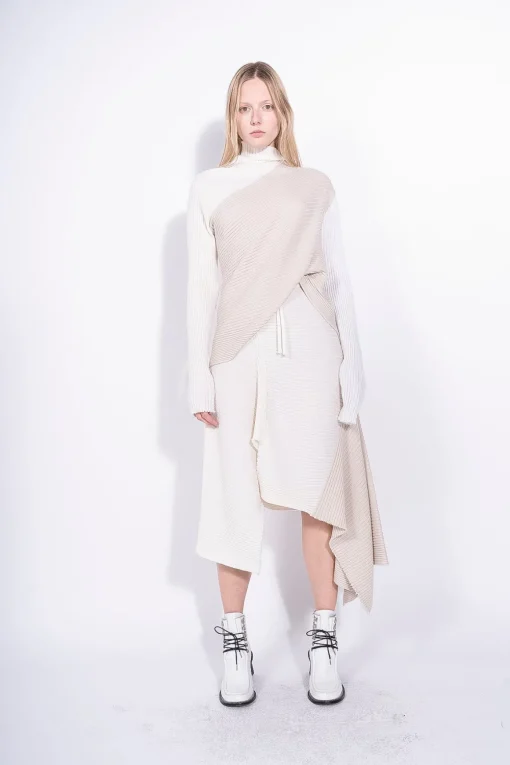 BEIGE PATCHWORK DRAPED JUMPER IN MERINO KNIT