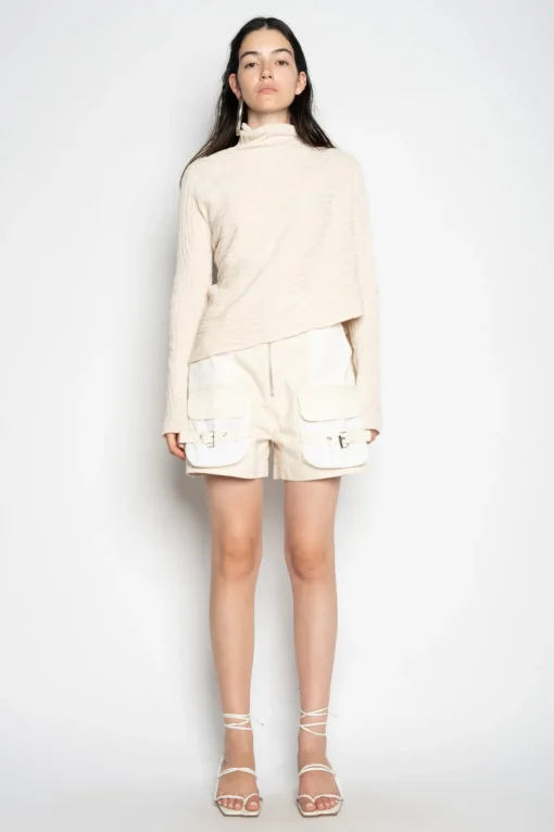 BEIGE RECYLED COTTON KNIT DRAPED JUMPER