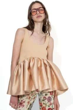 BEIGE SLEEVELESS PUFF HEM TOP