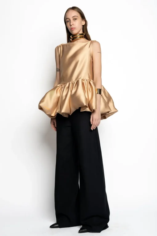 BEIGE SLEEVELESS PUFF HEM TOP