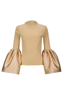 BEIGE TURTLENECK PUFF SLEEVE TOP
