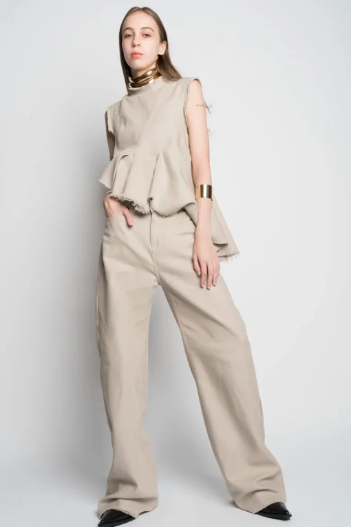 BEIGE WOVEN BOYFRIEND TROUSERS