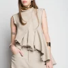 BEIGE WOVEN SLEEVELESS TOP WITH ASYMMETRIC HEM