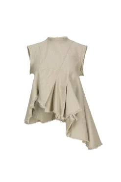 BEIGE WOVEN SLEEVELESS TOP WITH ASYMMETRIC HEM