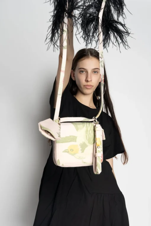 BIRD BROCADE WALLET BAG WITH FEATHER STRAP
