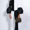 BLACK AND WHITE TURTLENECK PUFF SLEEVE TOP