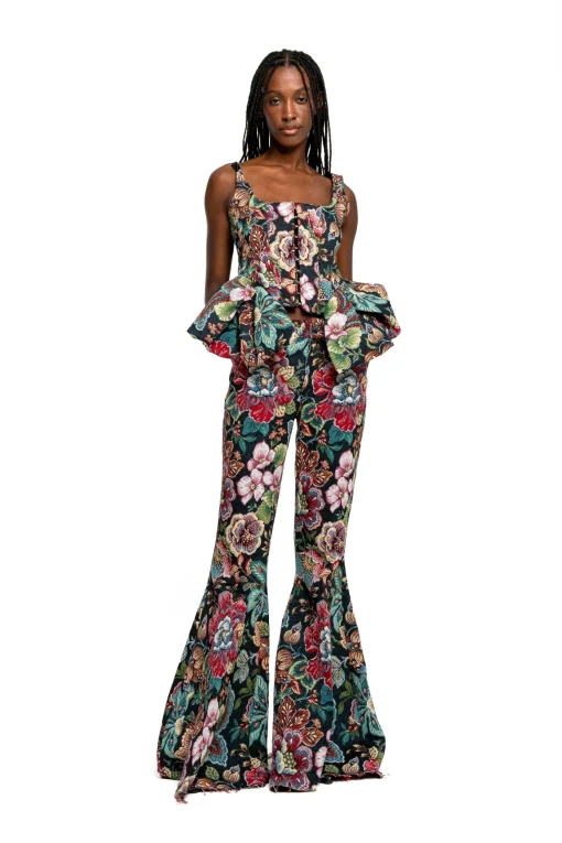 BLACK BROCADE CORSET WITH FRONT HOOK & EYE CLOSURE