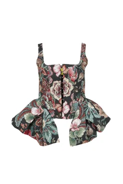 BLACK BROCADE CORSET WITH FRONT HOOK & EYE CLOSURE