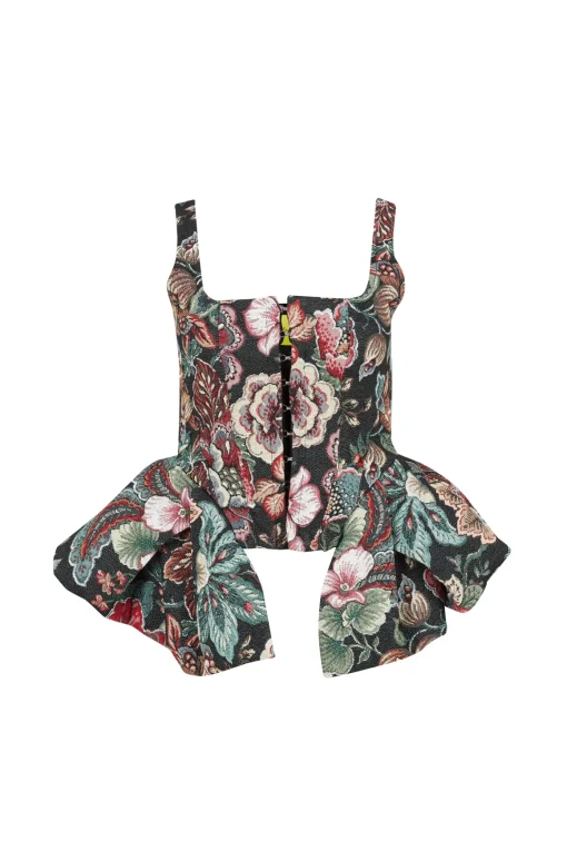 BLACK BROCADE CORSET WITH FRONT HOOK & EYE CLOSURE
