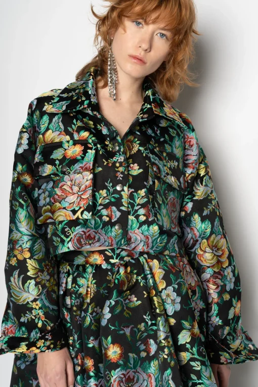 BLACK BROCADE CROPPED OVERSHIRT