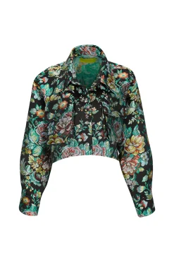 BLACK BROCADE CROPPED OVERSHIRT