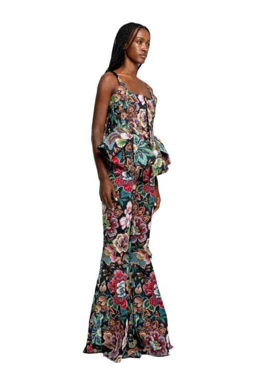BLACK BROCADE EXTREME FLARE TROUSERS