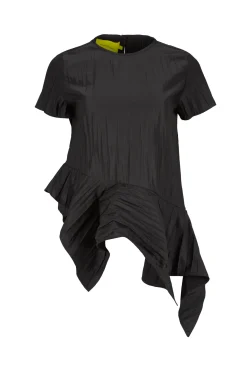 BLACK CAP SLEEVE PLISSE T-SHIRT