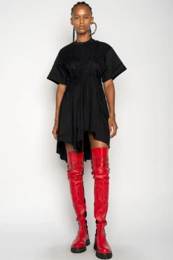 BLACK CINCHED PLEATED T-SHIRT DRESS