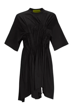 BLACK CINCHED PLEATED T-SHIRT DRESS