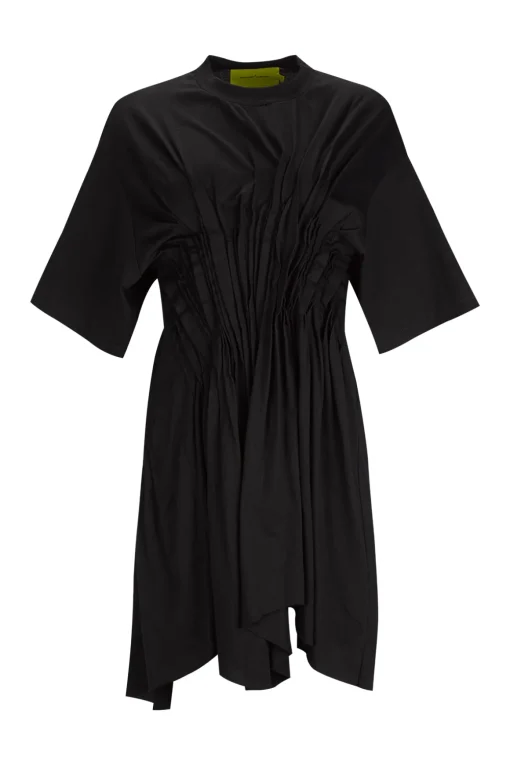 BLACK CINCHED PLEATED T-SHIRT DRESS