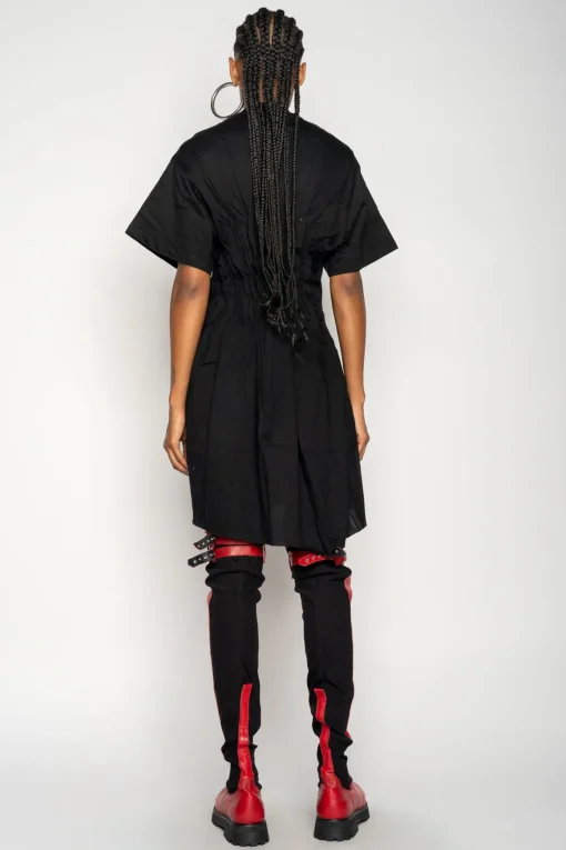 BLACK CINCHED PLEATED T-SHIRT DRESS