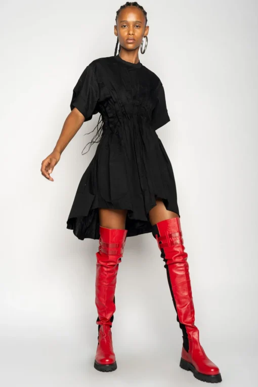 BLACK CINCHED PLEATED T-SHIRT DRESS