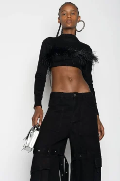 BLACK CROPPED FEATHER TOP