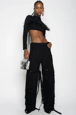 BLACK CROPPED FEATHER TOP