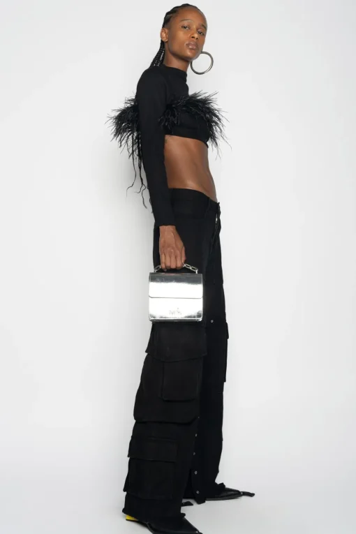 BLACK CROPPED FEATHER TOP