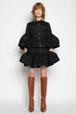 BLACK DENIM SHORT SKIRT WITH FLOUNCE